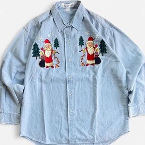 Vintage Casey Coleman Long Sleeve Button Down Christmas Shirt Embroidered Santas
